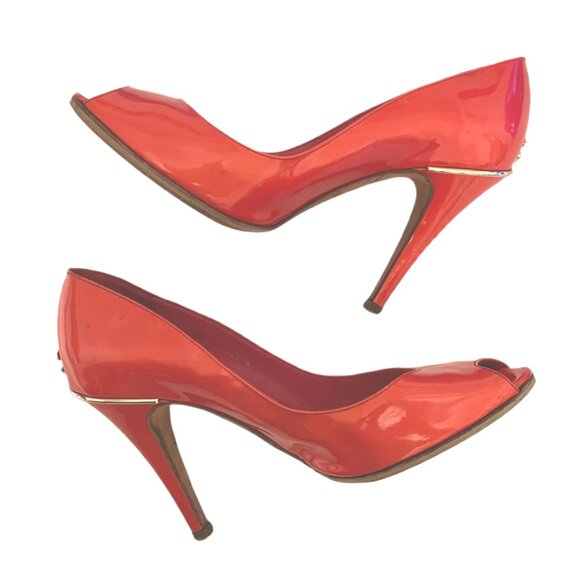 Chanel Coral Gold CC Logo Patent Leather Peep Toe High Heels Size 36.5 / US 6.5 - Picture 3 of 16